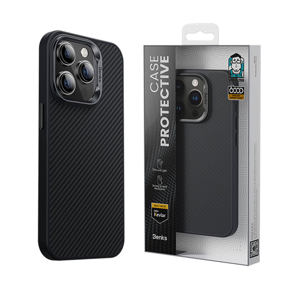 Benks iPhone 14 Pro Karbon Fiber M-safe Şarj Özellikli Hybrid ArmorPro 600D Kevlar Kılıf