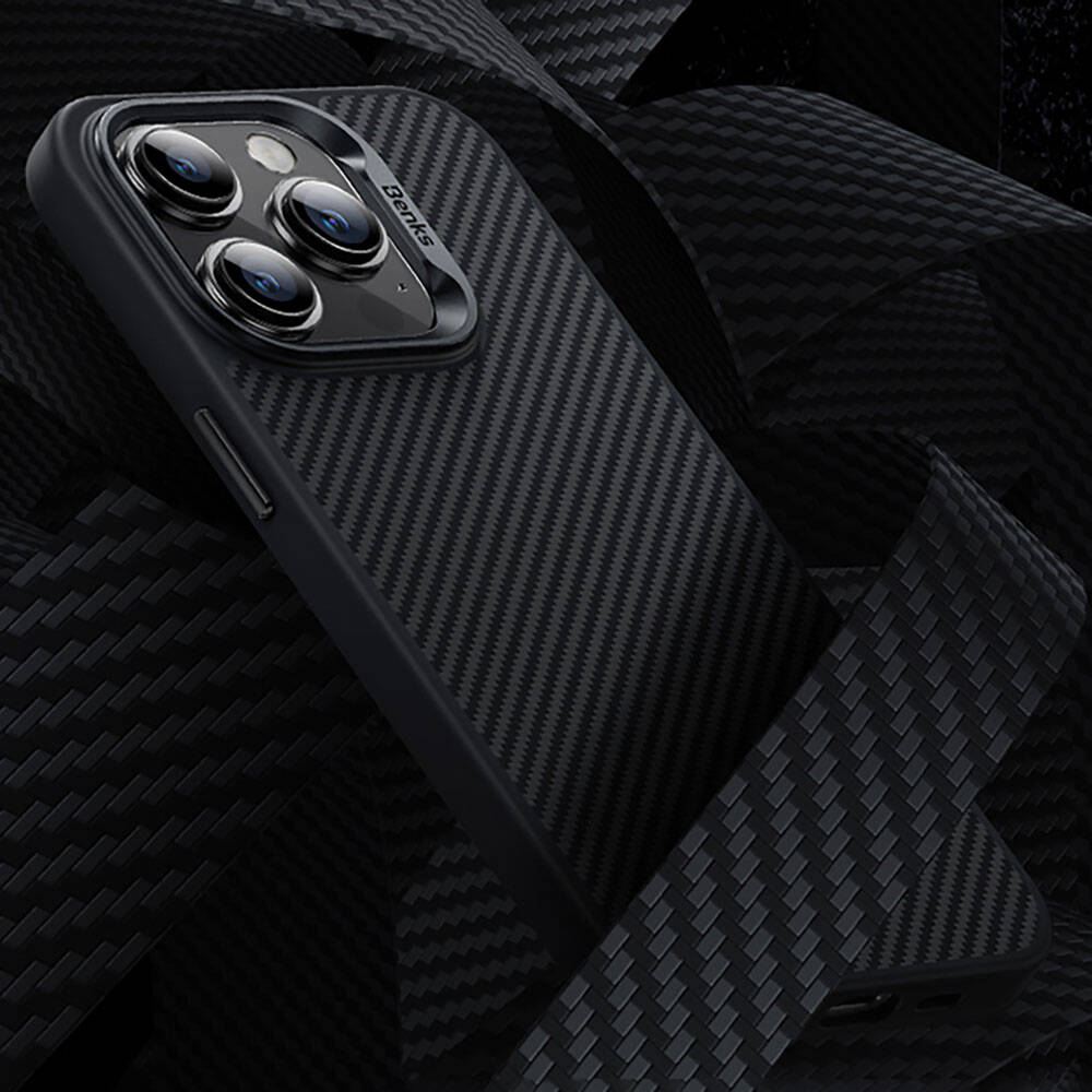 Benks iPhone 14 Pro Karbon Fiber M-safe Şarj Özellikli Hybrid ArmorPro 600D Kevlar Kılıf