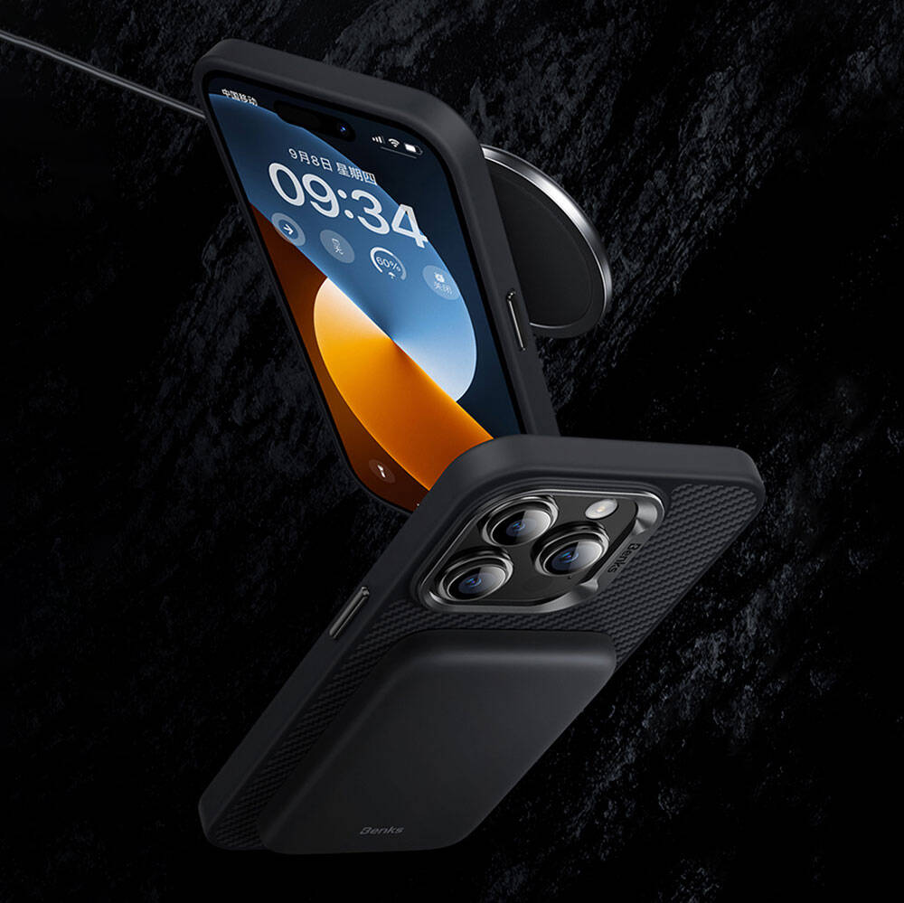 Benks iPhone 14 Pro Karbon Fiber M-safe Şarj Özellikli Hybrid ArmorPro 600D Kevlar Kılıf