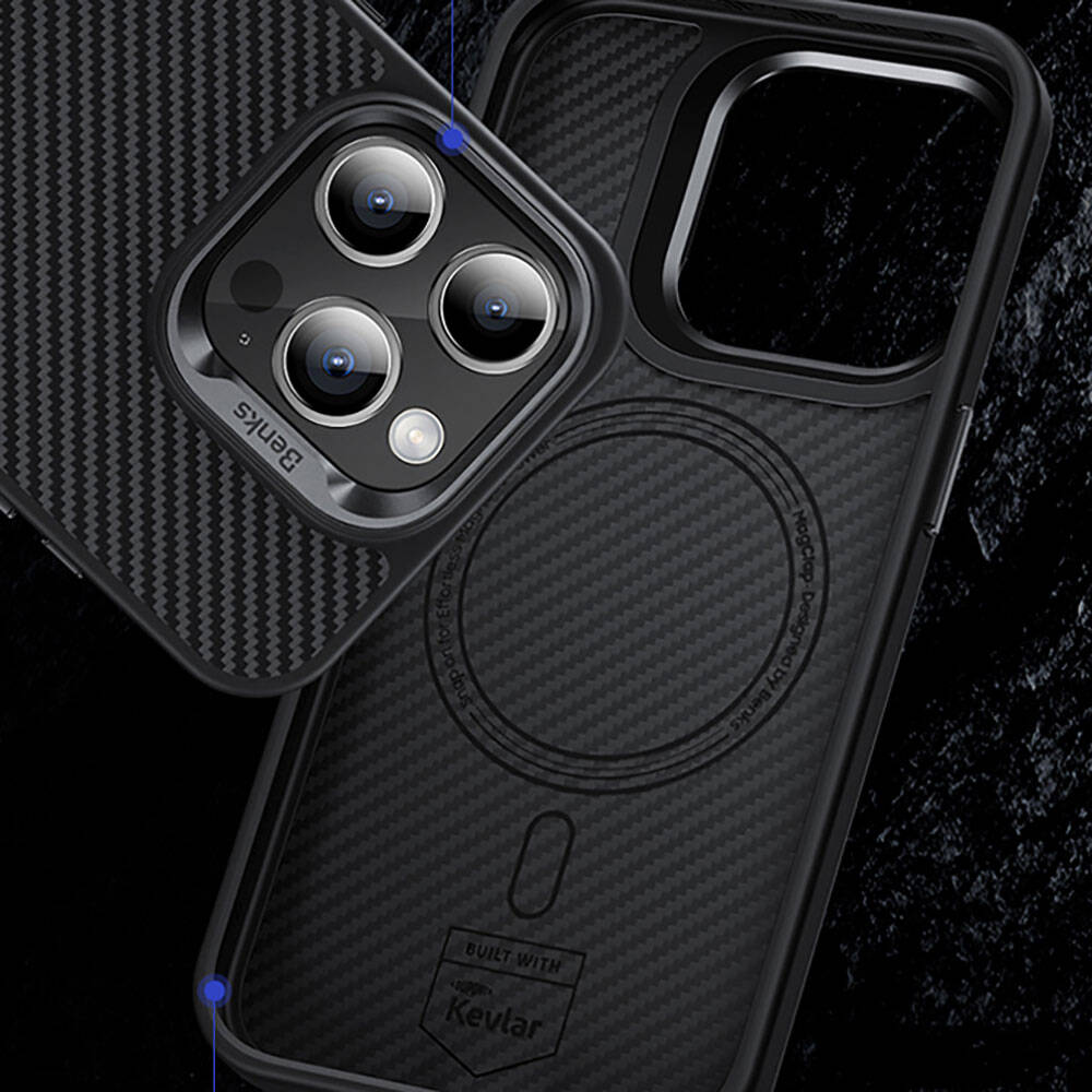 Benks iPhone 14 Pro Karbon Fiber M-safe Şarj Özellikli Hybrid ArmorPro 600D Kevlar Kılıf