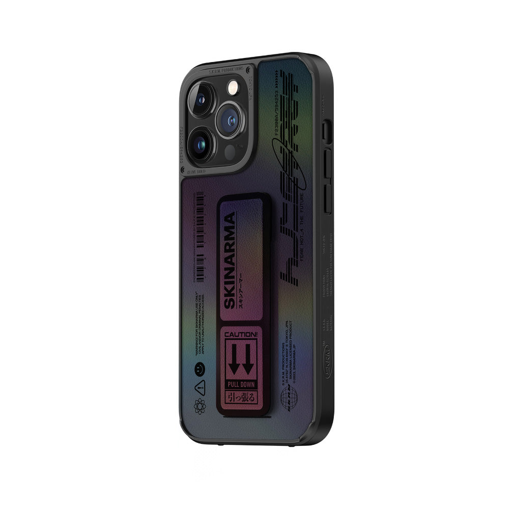 SkinArma iPhone 14 Pro Holografik Tasarımlı Standlı Deri Görünümlü Kira Kobai Kılıf