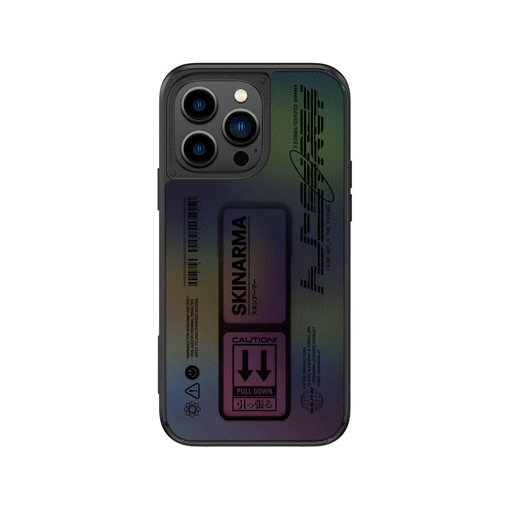 SkinArma iPhone 14 Pro Holografik Tasarımlı Standlı Deri Görünümlü Kira Kobai Kılıf