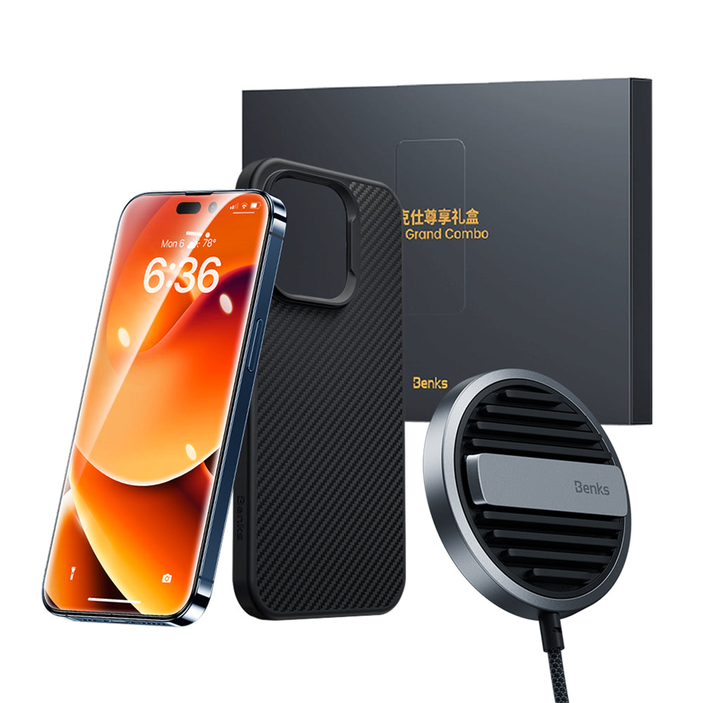 Benks Grand Combo MFM01 iPhone 14 Pro Max 3in1 Aksesuar Seti Kılıf-Ekran Koruyucu-Kablosuz Şarj Aleti