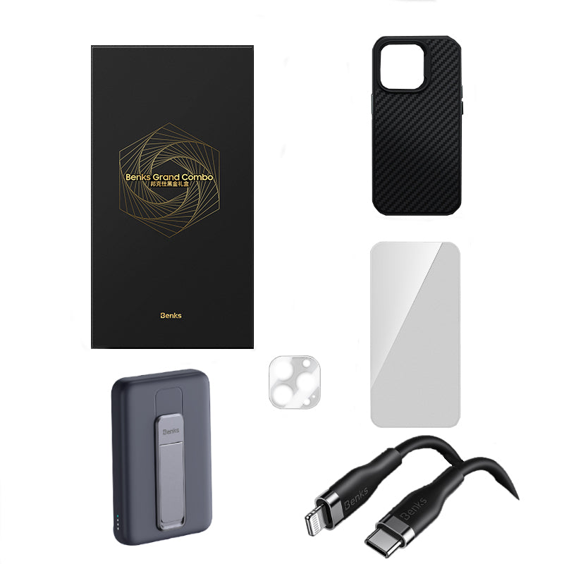 Benks Grand Combo iPhone 14 Pro Max New 5in1 Aksesuar Seti Kılıf-Ekran Koruyucu-Lens Koruyucu-Kablo-Powerbank
