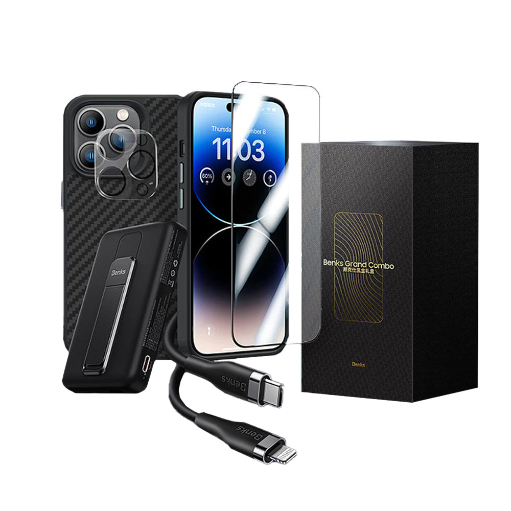Benks Grand Combo iPhone 14 Pro Max New 5in1 Aksesuar Seti Kılıf-Ekran Koruyucu-Lens Koruyucu-Kablo-Powerbank
