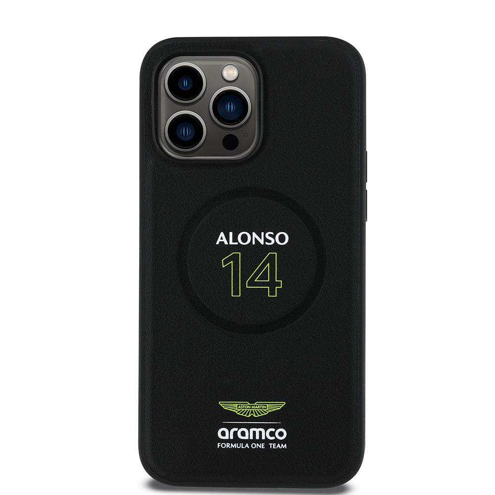 Apple iPhone 14 Pro Max Aston Martin Orjinal Lisanslı M-safe Şarj Özellikli PU Deri Alonso 14 Baskılı Kılıf