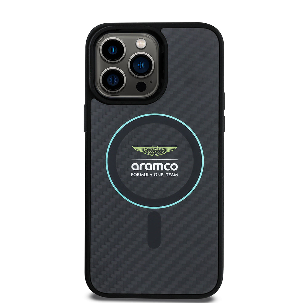 Apple iPhone 14 Pro Max Aston Martin Orjinal Lisanslı M-safe Şarj Özellikli Renkli Halka ve Karbon Fiber Tasarımlı Kılıf