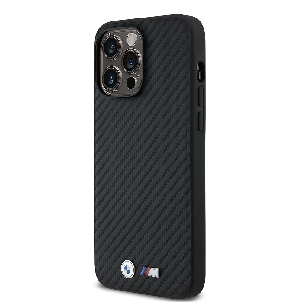 BMW iPhone 14 Pro Max Orjinal Lisanslı Karbon Fiber Tasarımlı ve Metal Logolu PU Deri Telefon Kılıfı