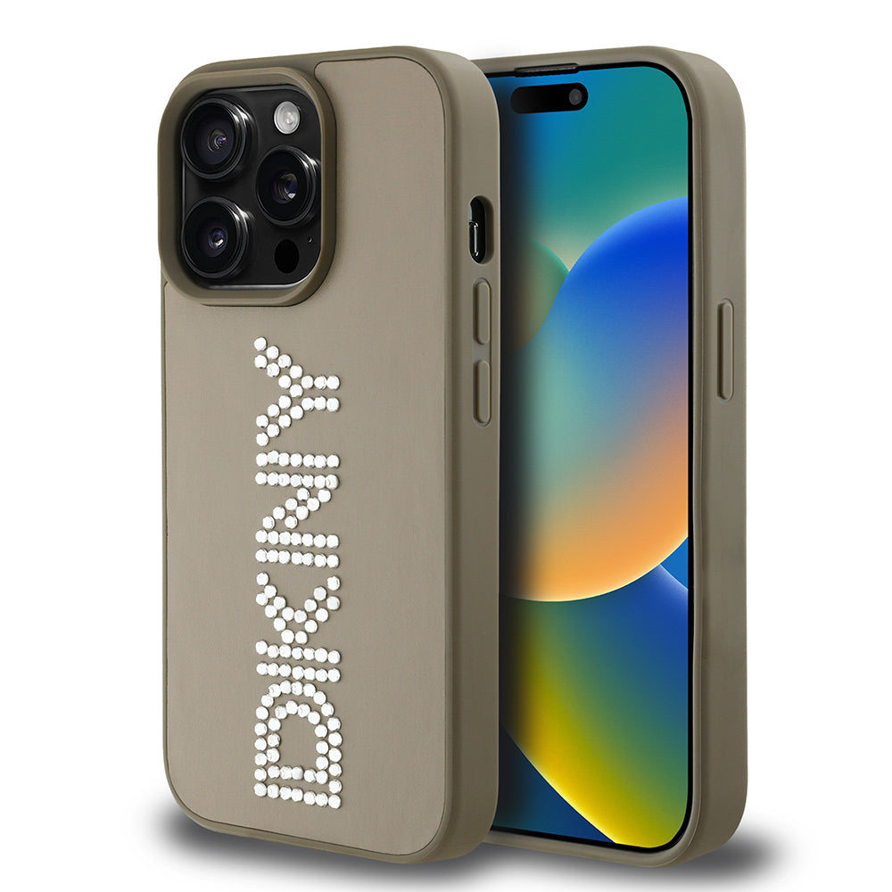DKNY iPhone 14 Pro Max Orjinal Lisanslı Taşlı DKNY Yazılı Metalik Rhinestones PU Deri Kılıf