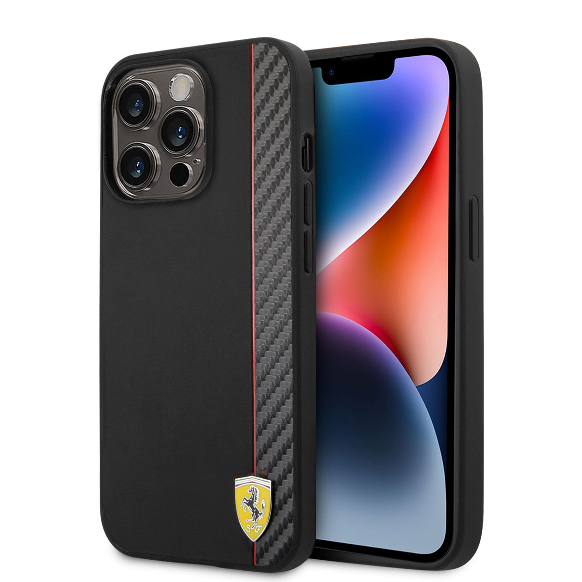 iPhone 14 Pro Max Kılıf Ferrari M-safe Şarj Özellikli Pu Deri Ve Karbon Şeritli Dizayn Telefon Kılıfı