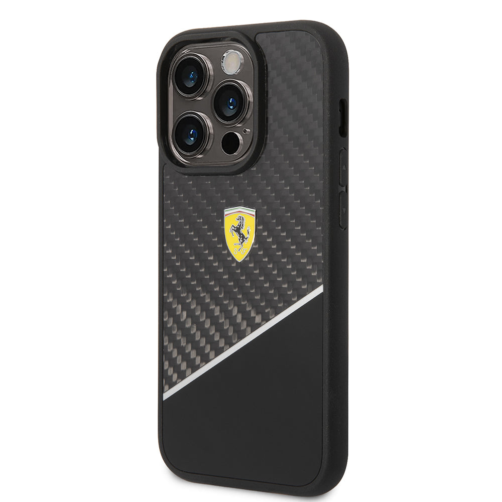 Ferrari iPhone 14 Pro Max Orjinal Lisanlı Klasik Metal Logolu Karbon Şerit Desenli Kılıf