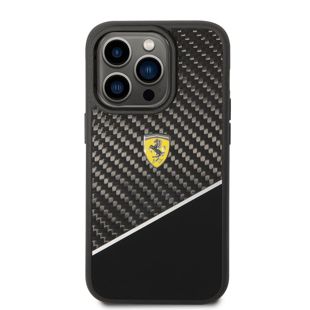 Ferrari iPhone 14 Pro Max Orjinal Lisanlı Klasik Metal Logolu Karbon Şerit Desenli Kılıf