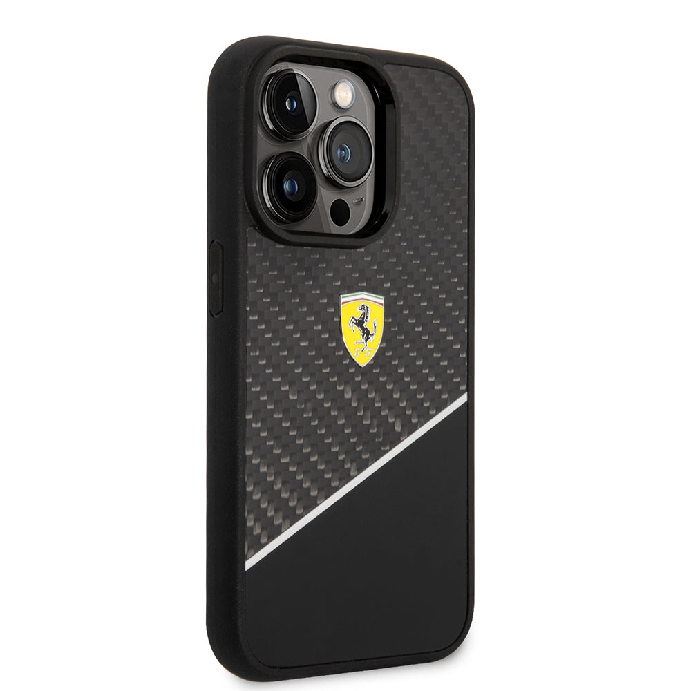 Ferrari iPhone 14 Pro Max Orjinal Lisanlı Klasik Metal Logolu Karbon Şerit Desenli Kılıf
