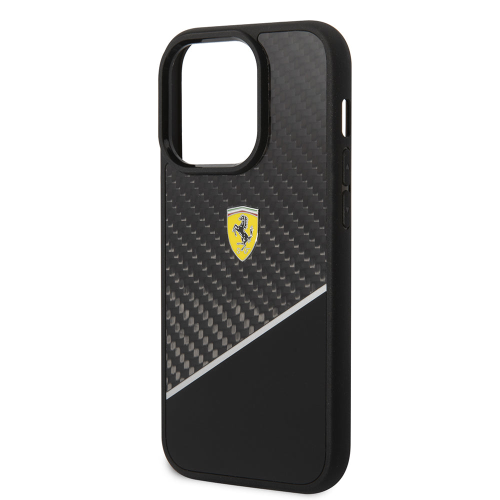 Ferrari iPhone 14 Pro Max Orjinal Lisanlı Klasik Metal Logolu Karbon Şerit Desenli Kılıf
