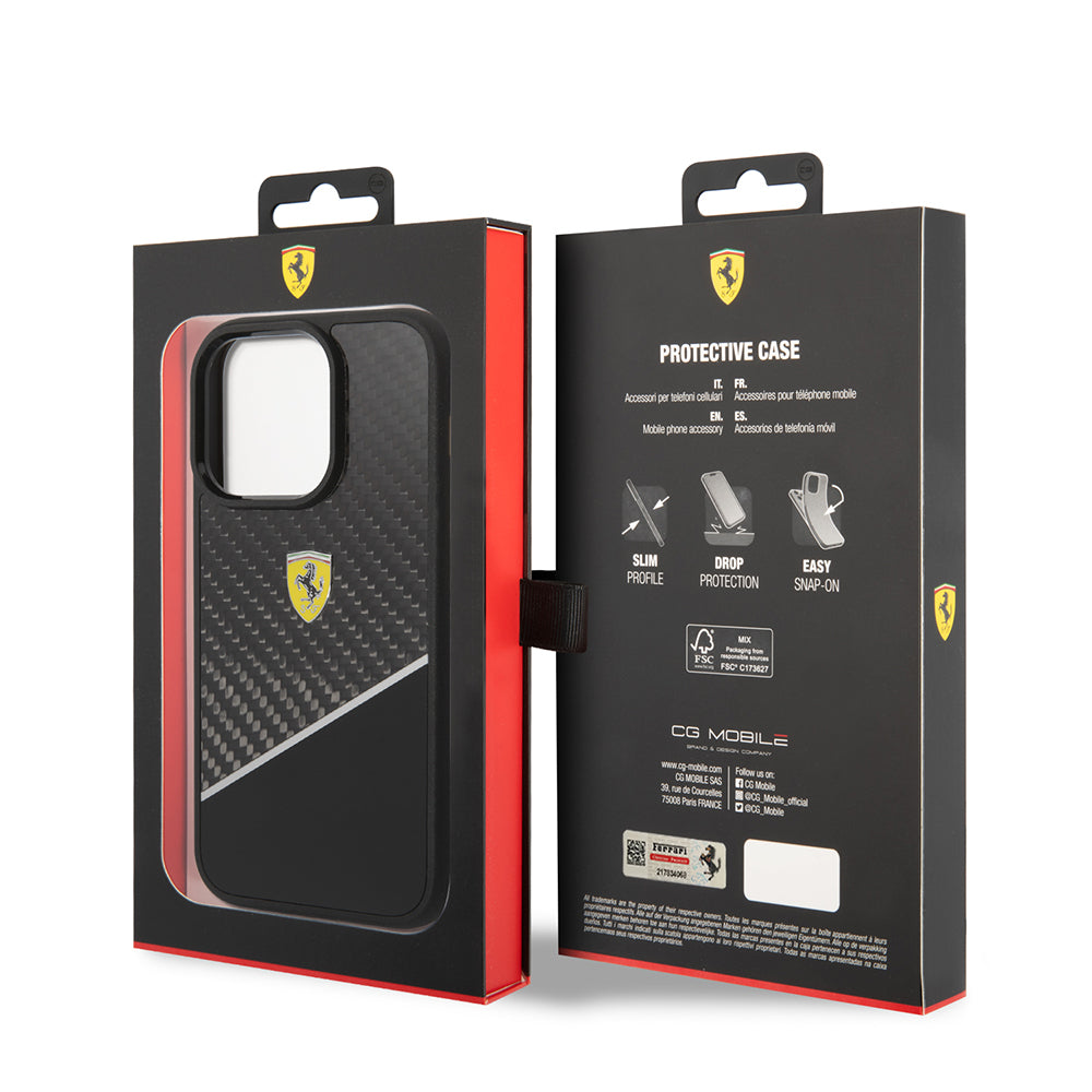 Ferrari iPhone 14 Pro Max Orjinal Lisanlı Klasik Metal Logolu Karbon Şerit Desenli Kılıf