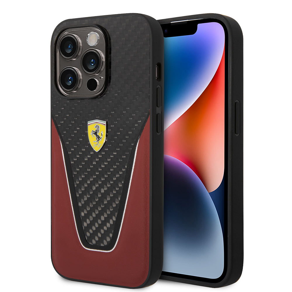 Ferrari iPhone 14 Pro Max Orjinal Lisanlı Klasik Metal Logolu Karbon V Desenli Kılıf