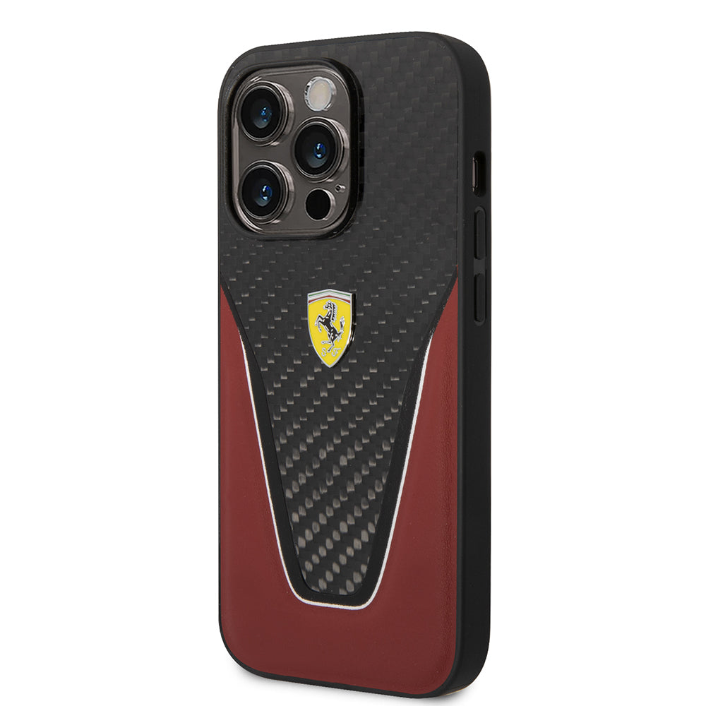 Ferrari iPhone 14 Pro Max Orjinal Lisanlı Klasik Metal Logolu Karbon V Desenli Kılıf