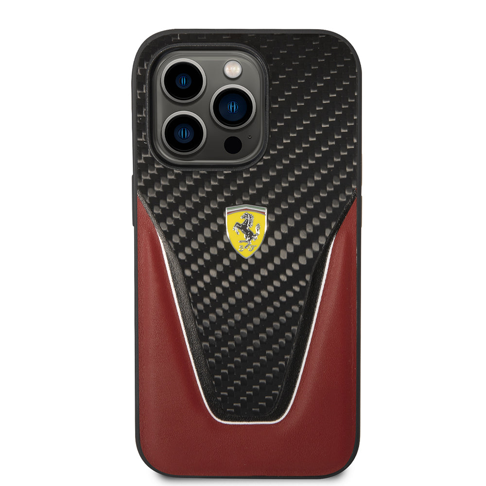 Ferrari iPhone 14 Pro Max Orjinal Lisanlı Klasik Metal Logolu Karbon V Desenli Kılıf