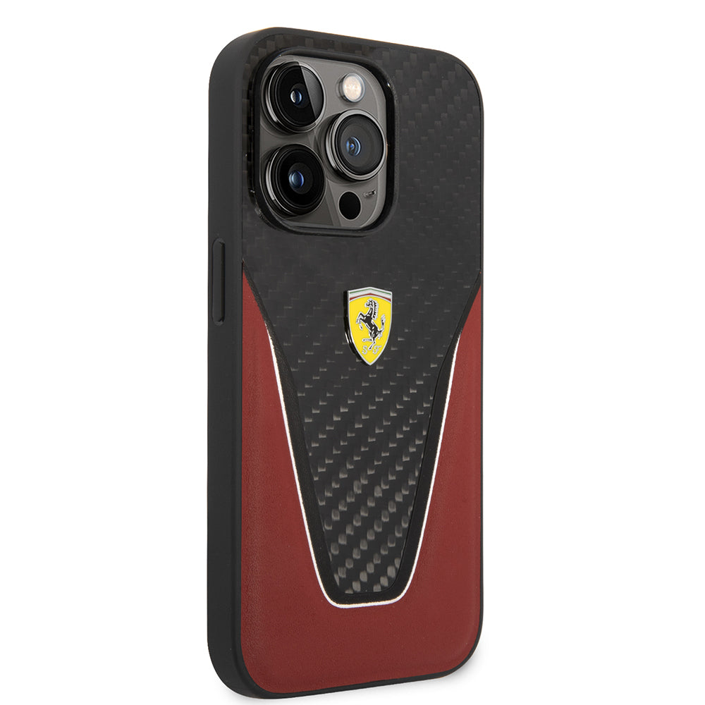 Ferrari iPhone 14 Pro Max Orjinal Lisanlı Klasik Metal Logolu Karbon V Desenli Kılıf