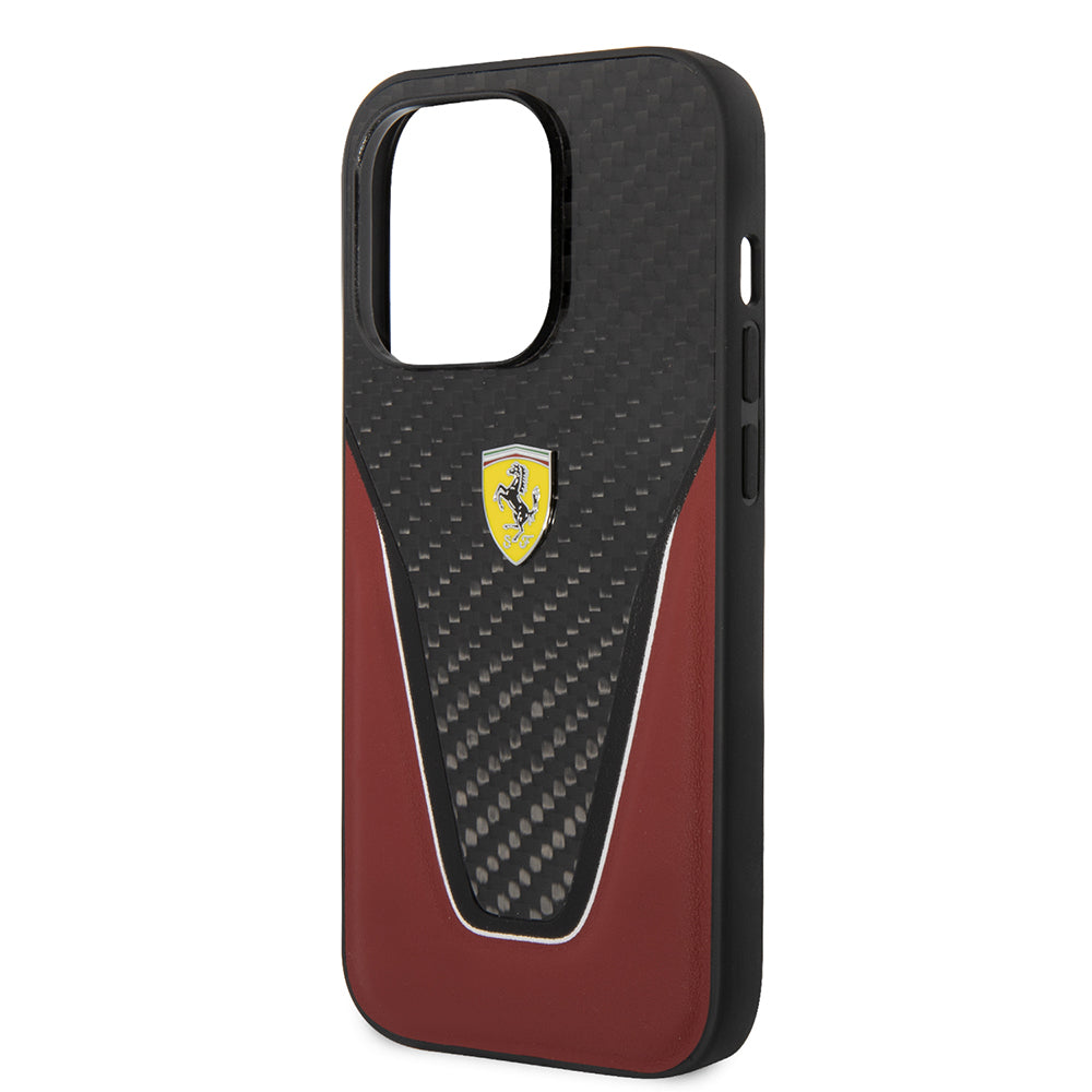Ferrari iPhone 14 Pro Max Orjinal Lisanlı Klasik Metal Logolu Karbon V Desenli Kılıf