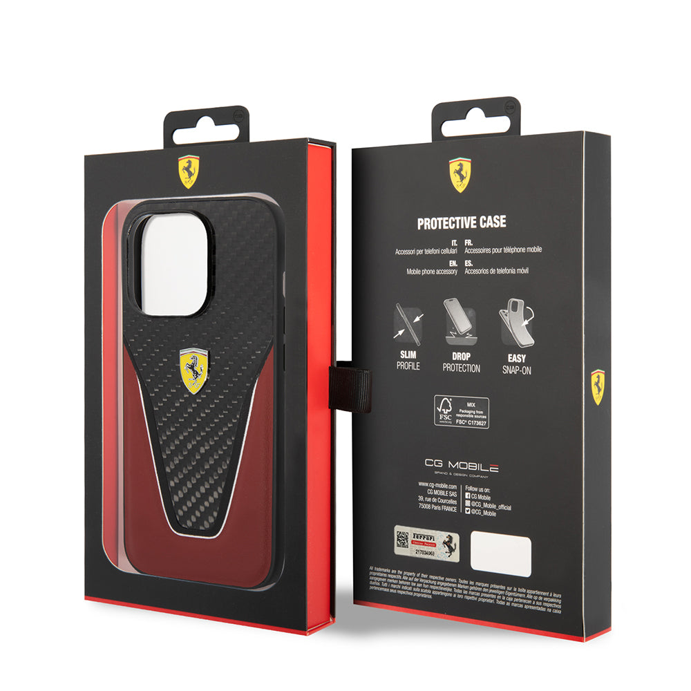 Ferrari iPhone 14 Pro Max Orjinal Lisanlı Klasik Metal Logolu Karbon V Desenli Kılıf