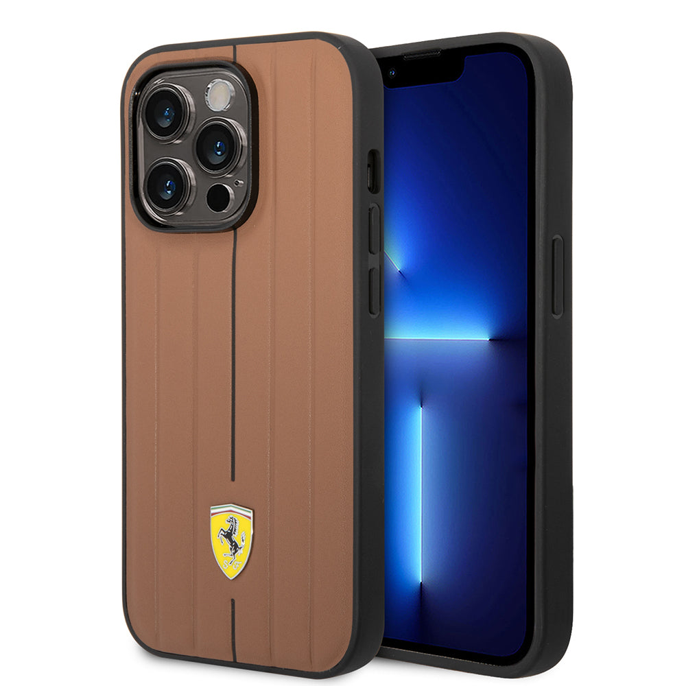 Ferrari iPhone 14 Pro Max Orjinal Lisanslı Deri Arka Yüzey Metal Logolu Şerit Tasarımlı Kılıf