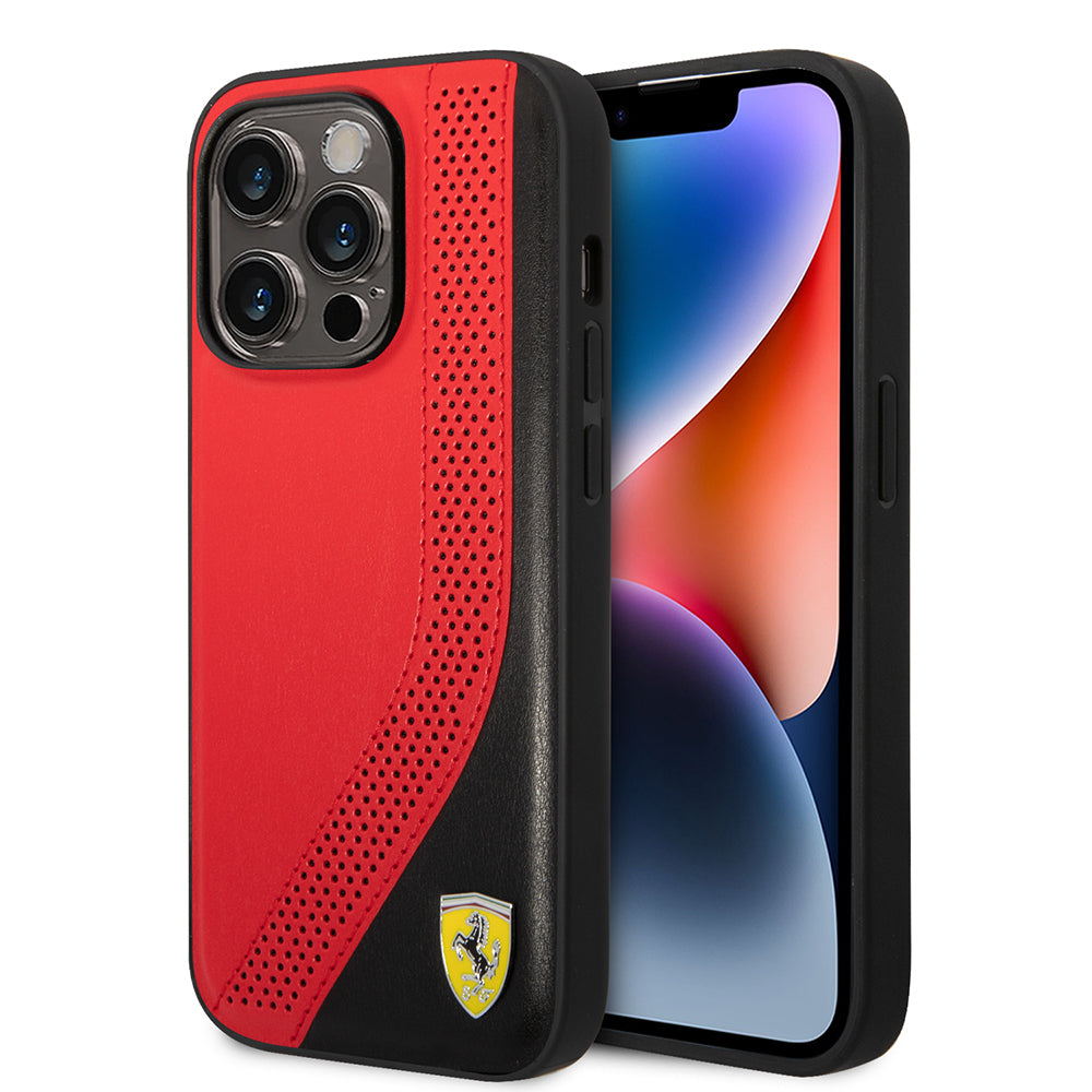 Ferrari iPhone 14 Pro Max Orjinal Lisanslı Metal Logolu Deri Delikli Dikişli Dizayn Kılıf