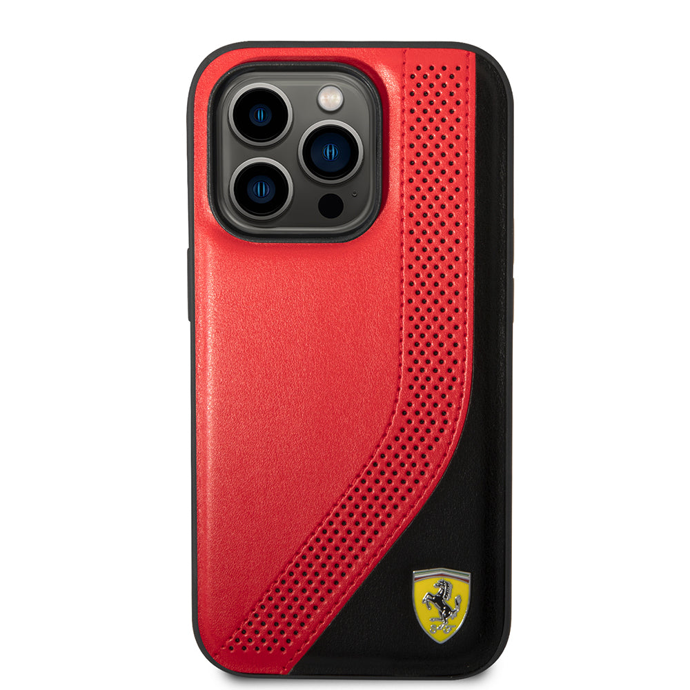 Ferrari iPhone 14 Pro Max Orjinal Lisanslı Metal Logolu Deri Delikli Dikişli Dizayn Kılıf