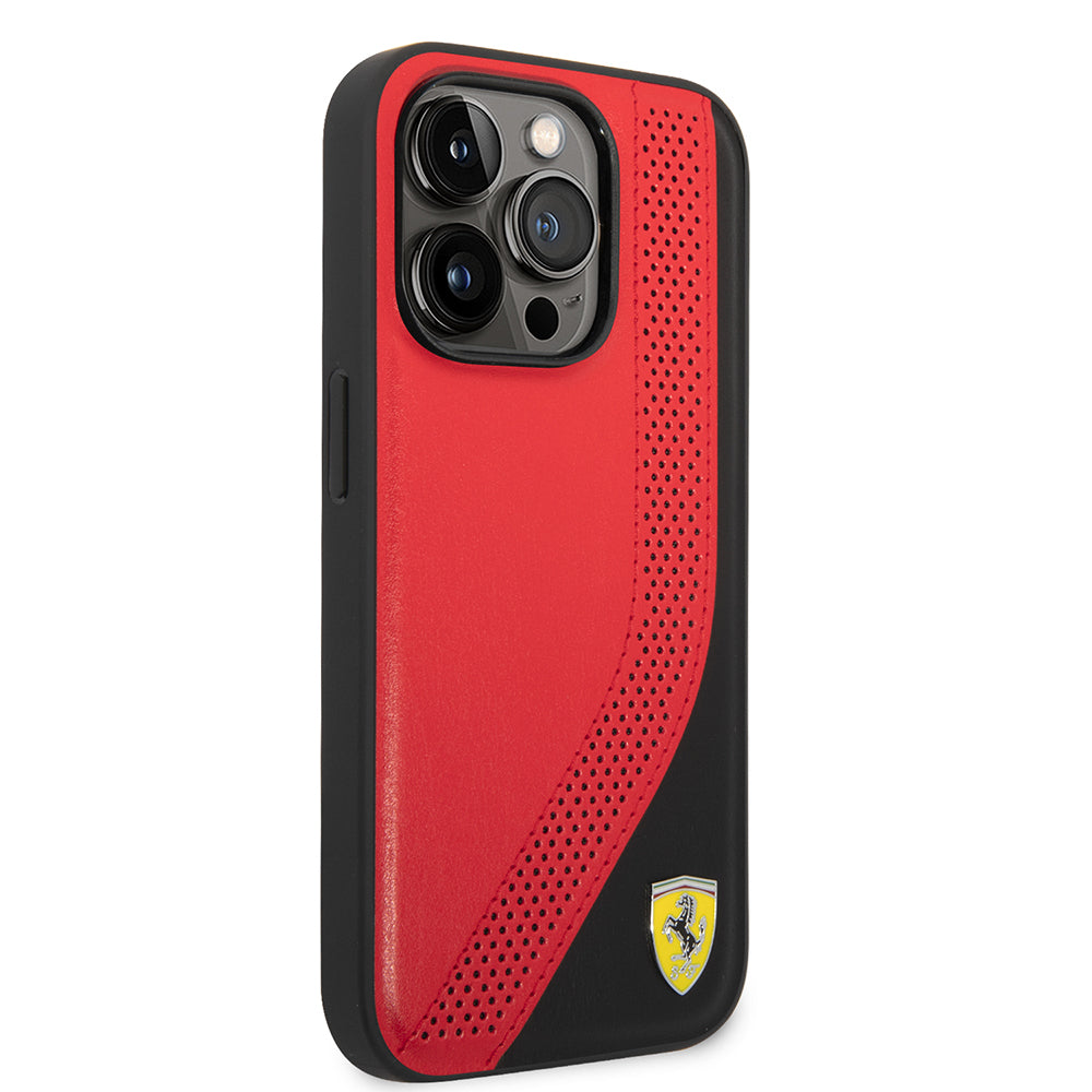 Ferrari iPhone 14 Pro Max Orjinal Lisanslı Metal Logolu Deri Delikli Dikişli Dizayn Kılıf