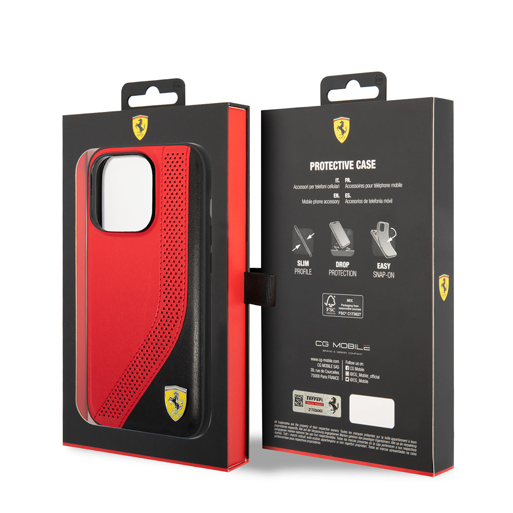 Ferrari iPhone 14 Pro Max Orjinal Lisanslı Metal Logolu Deri Delikli Dikişli Dizayn Kılıf