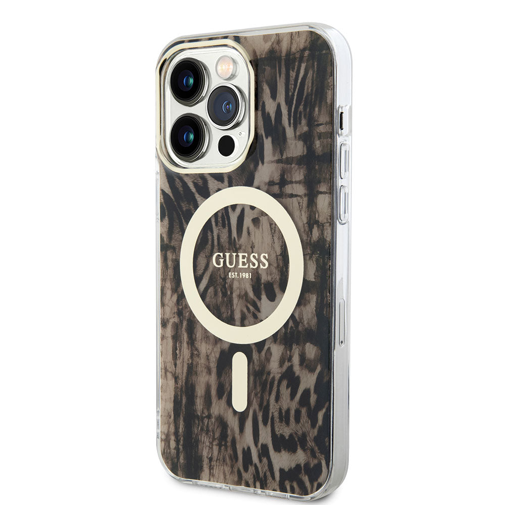 Guess iPhone 14 Pro Max Magsafe Şarj Özellikli Leopar Desenli Telefon Kılıfı