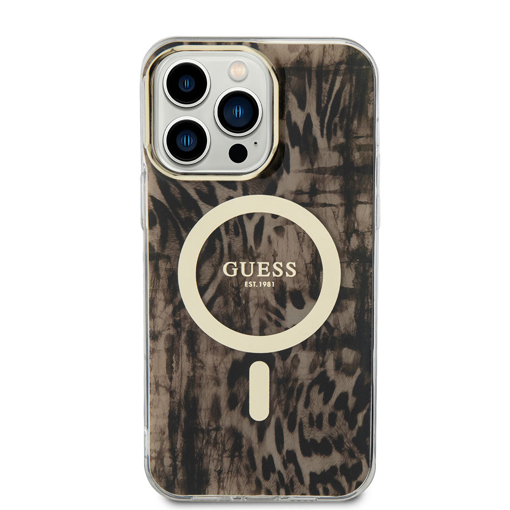 Guess iPhone 14 Pro Max Magsafe Şarj Özellikli Leopar Desenli Telefon Kılıfı