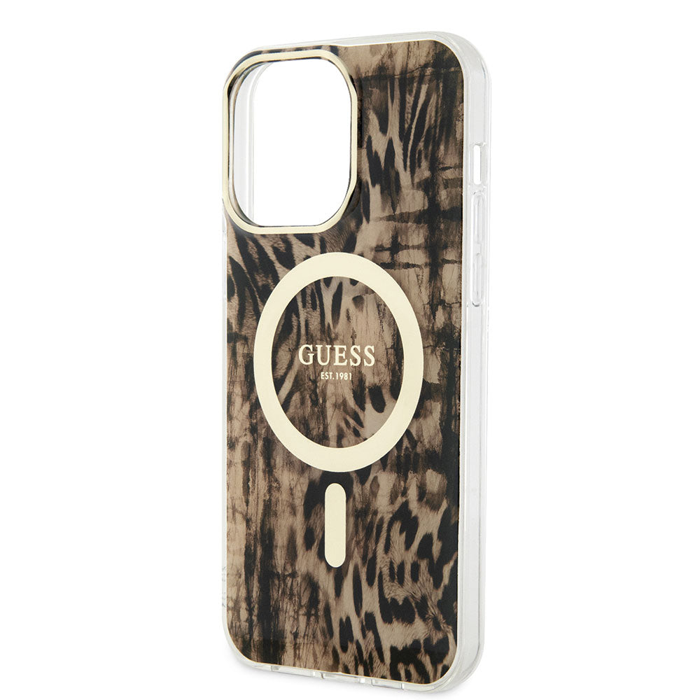 Guess iPhone 14 Pro Max Magsafe Şarj Özellikli Leopar Desenli Telefon Kılıfı