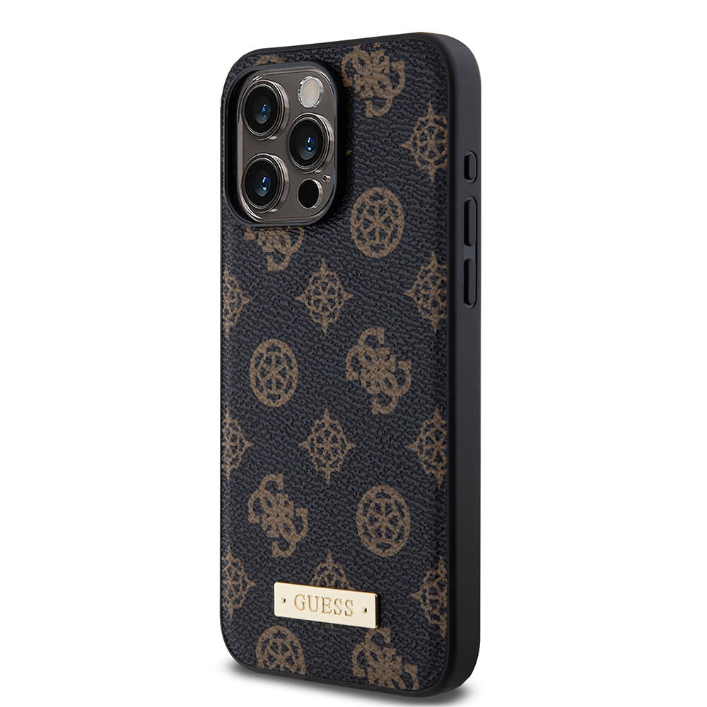 Guess iPhone 14 Pro Max M-safe Şarj Özellikli PU Deri Desenli Metal Plaka Logolu Kılıf