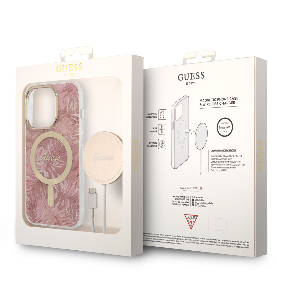 GUESS iPhone 14 Pro Max M-safe Şarj Özellikli Yaprak Desenli M-safe Şarj Kablolu Kılıf