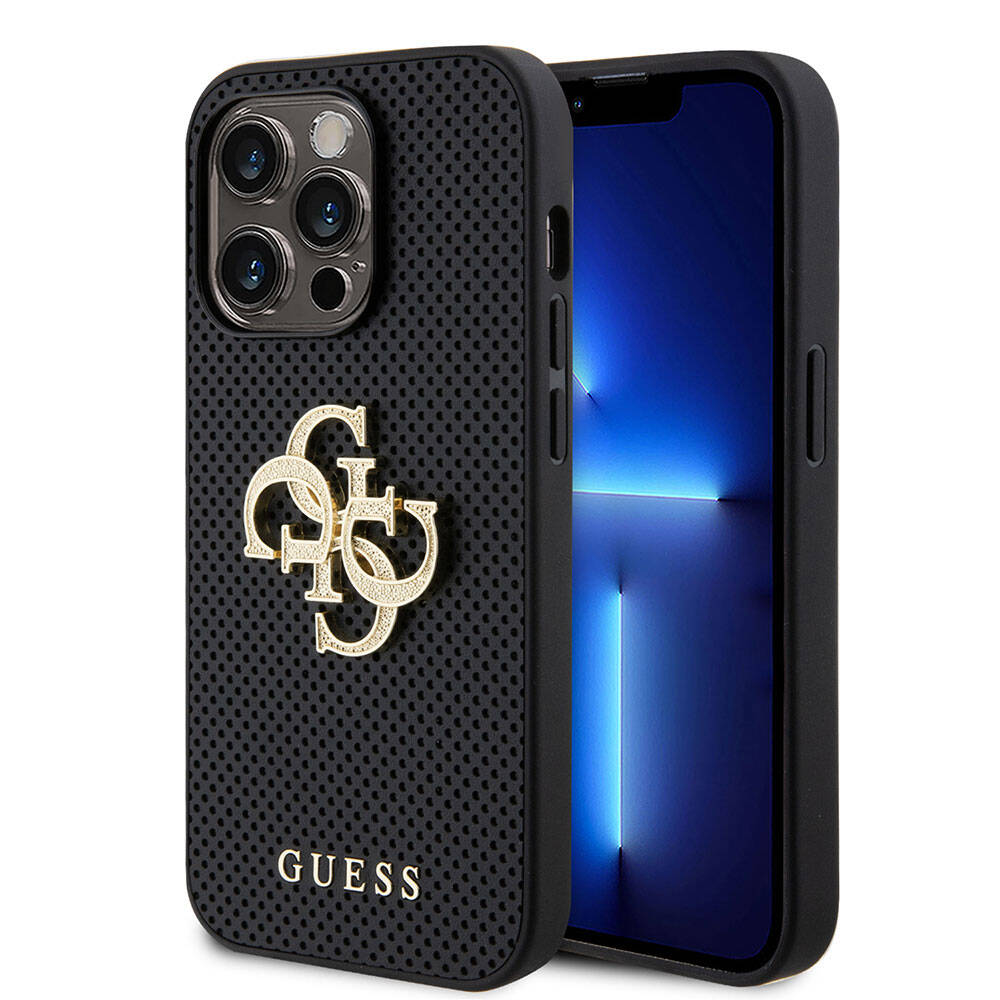 Guess iPhone 14 Pro Max Orjinal Lisanslı Delikli Yazı ve 4G Glitter Büyük Metal Logolu Telefon Kılıfı