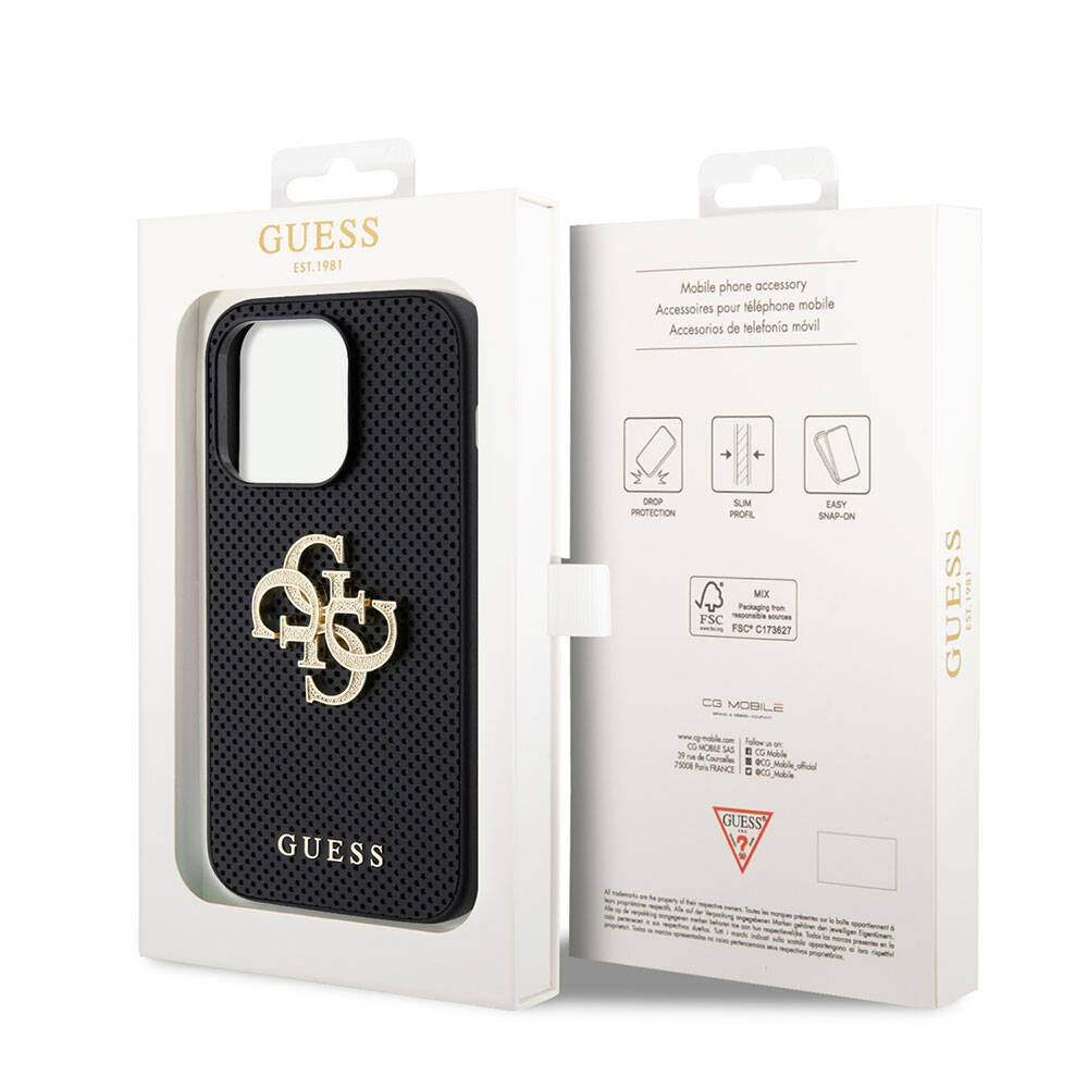 Guess iPhone 14 Pro Max Orjinal Lisanslı Delikli Yazı ve 4G Glitter Büyük Metal Logolu Telefon Kılıfı