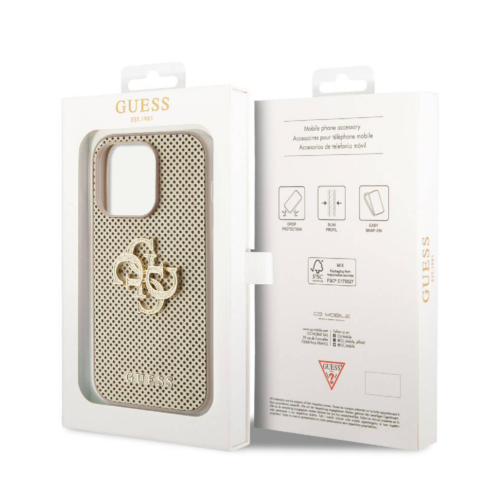 Guess iPhone 14 Pro Max Orjinal Lisanslı Delikli Yazı ve 4G Glitter Büyük Metal Logolu Telefon Kılıfı