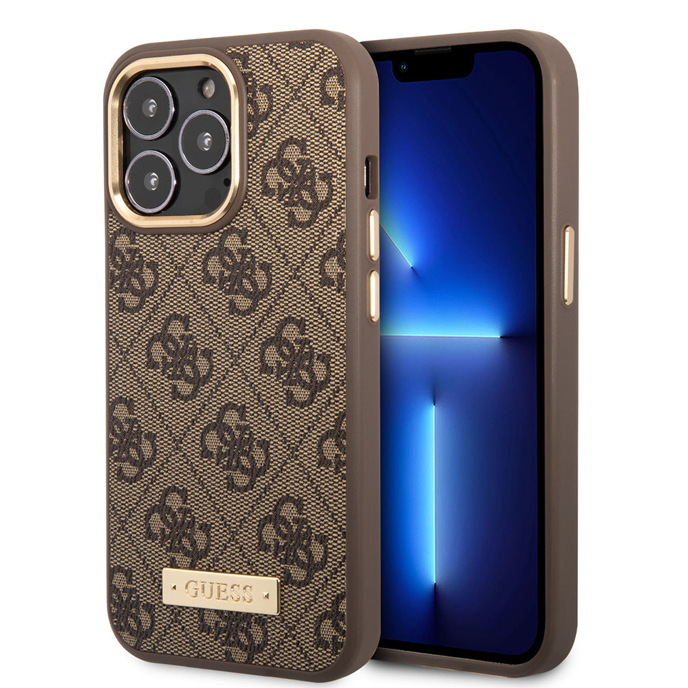 Guess iPhone 14 Pro Max Orjinal Lisanslı Magsafe 4G Desenli PU Metal Plaka Klasik Logolu Kılıf