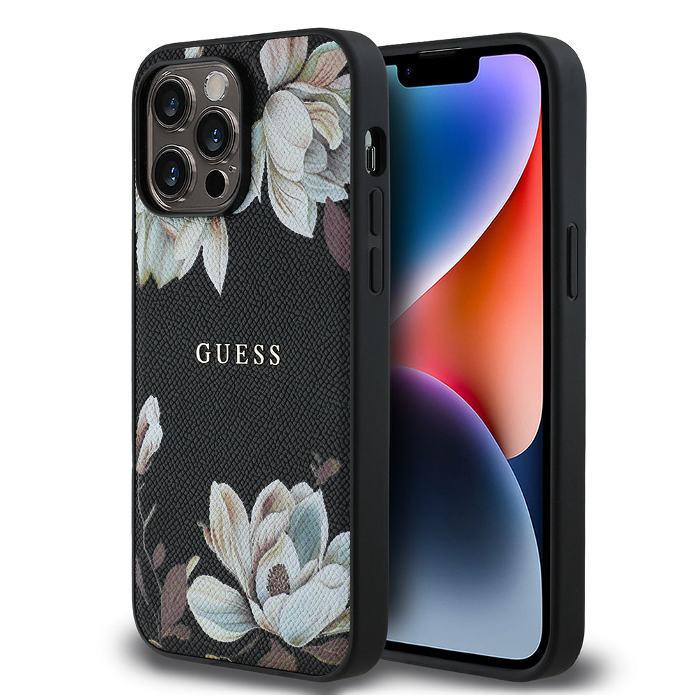 Guess iPhone 14 Pro Max Orjinal Lisanslı M-safe Şarj Özellikli Taneli Çiçek Tasarımlı Metal Yazı Logolu Kılıf