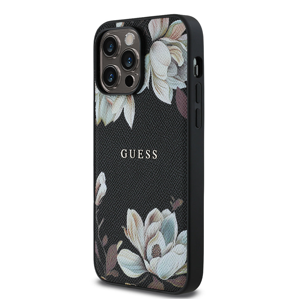Guess iPhone 14 Pro Max Orjinal Lisanslı M-safe Şarj Özellikli Taneli Çiçek Tasarımlı Metal Yazı Logolu Kılıf
