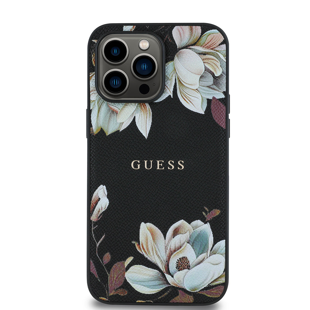 Guess iPhone 14 Pro Max Orjinal Lisanslı M-safe Şarj Özellikli Taneli Çiçek Tasarımlı Metal Yazı Logolu Kılıf