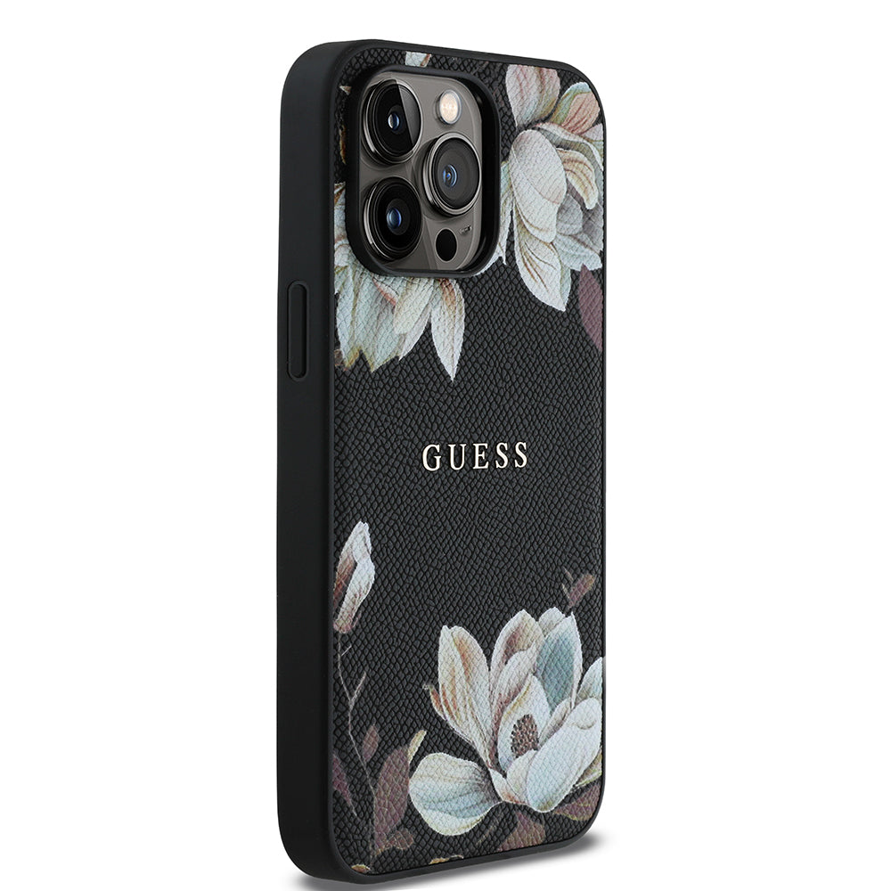 Guess iPhone 14 Pro Max Orjinal Lisanslı M-safe Şarj Özellikli Taneli Çiçek Tasarımlı Metal Yazı Logolu Kılıf