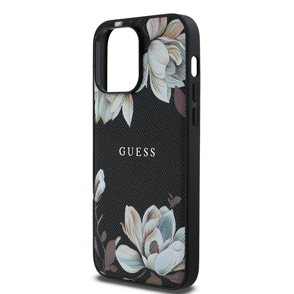 Guess iPhone 14 Pro Max Orjinal Lisanslı M-safe Şarj Özellikli Taneli Çiçek Tasarımlı Metal Yazı Logolu Kılıf