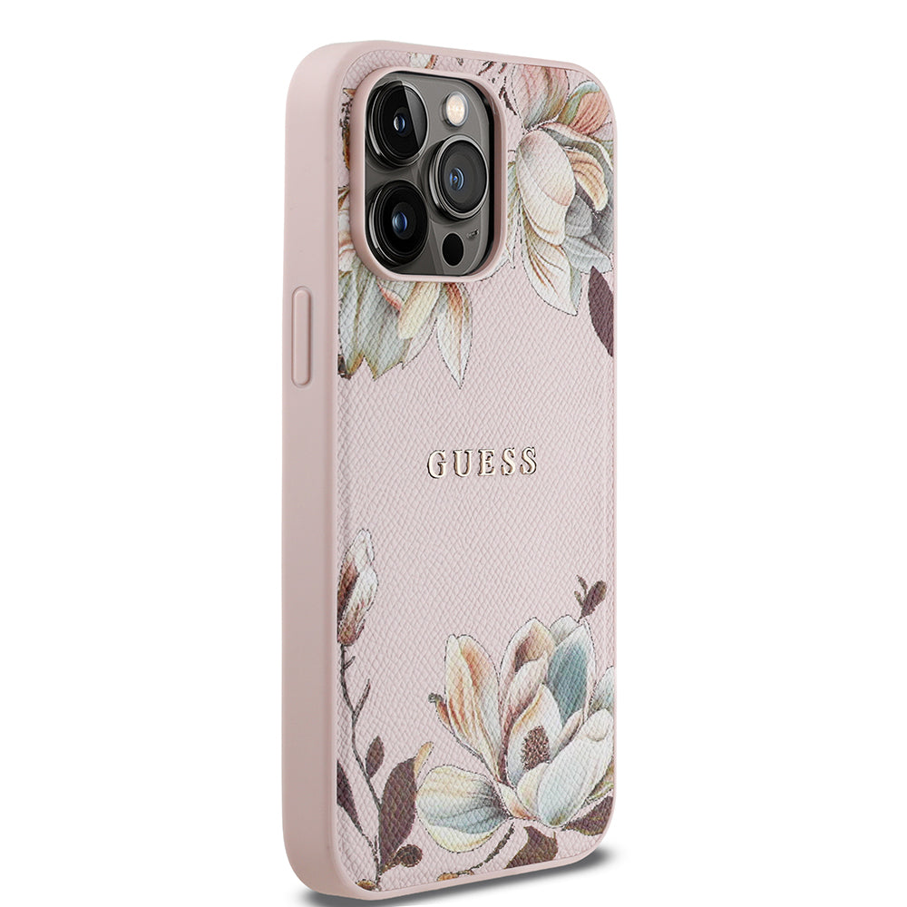 Guess iPhone 14 Pro Max Orjinal Lisanslı M-safe Şarj Özellikli Taneli Çiçek Tasarımlı Metal Yazı Logolu Kılıf