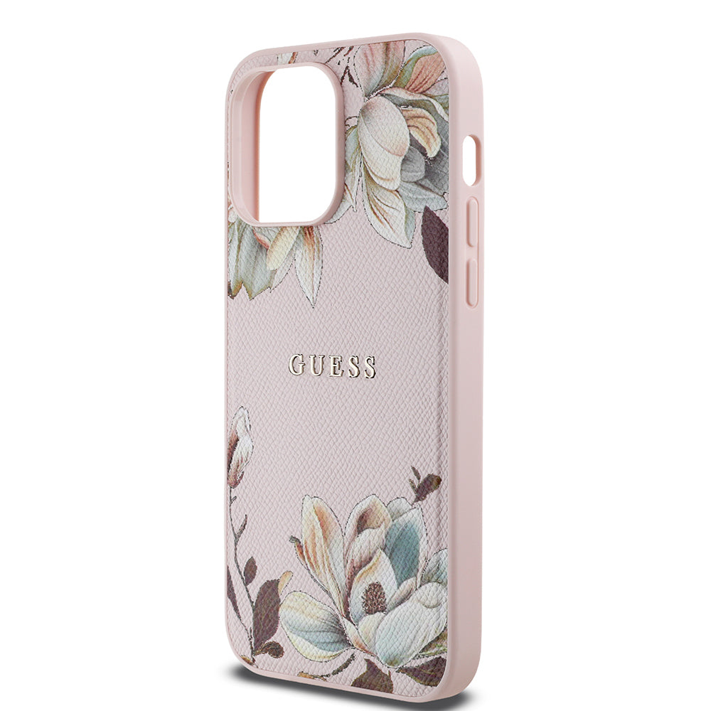 Guess iPhone 14 Pro Max Orjinal Lisanslı M-safe Şarj Özellikli Taneli Çiçek Tasarımlı Metal Yazı Logolu Kılıf
