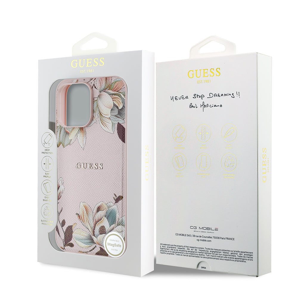 Guess iPhone 14 Pro Max Orjinal Lisanslı M-safe Şarj Özellikli Taneli Çiçek Tasarımlı Metal Yazı Logolu Kılıf