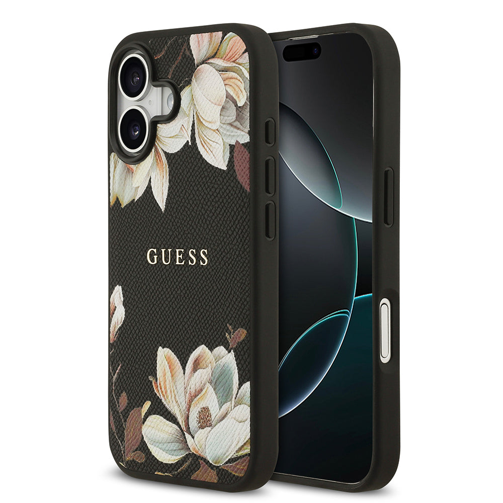 Guess iPhone 17 Orjinal Lisanslı M-safe Şarj Özellikli Taneli Çiçek Tasarımlı Metal Yazı Logolu Kılıf