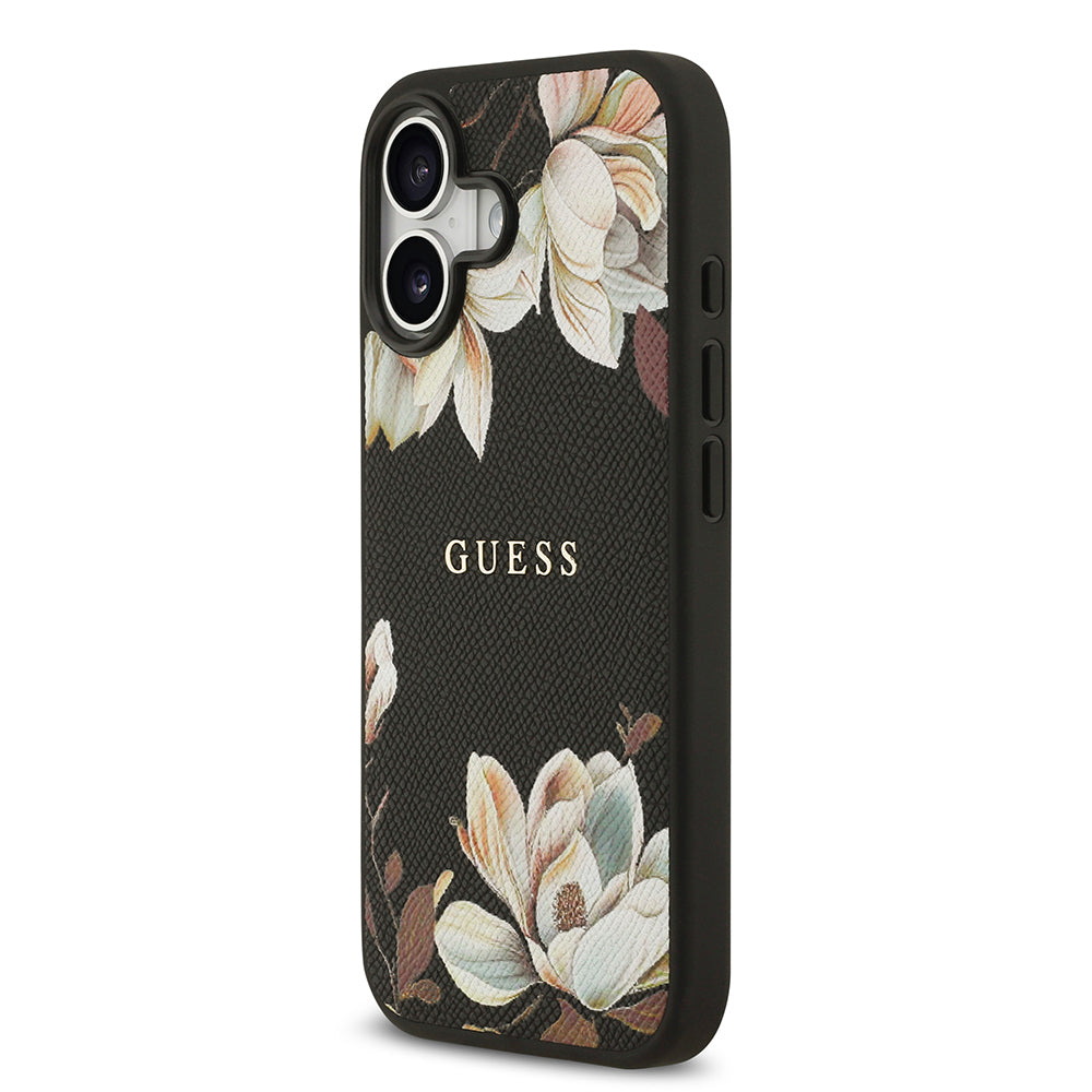Guess iPhone 17 Orjinal Lisanslı M-safe Şarj Özellikli Taneli Çiçek Tasarımlı Metal Yazı Logolu Kılıf