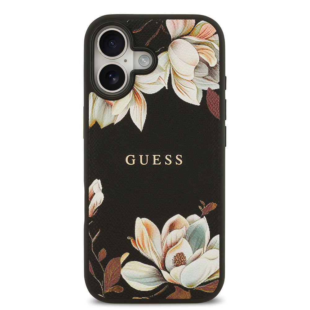 Guess iPhone 17 Orjinal Lisanslı M-safe Şarj Özellikli Taneli Çiçek Tasarımlı Metal Yazı Logolu Kılıf